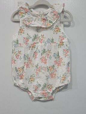 Floral Ruffle Collar Baby Romper, White with Pink & Yellow Flowers
